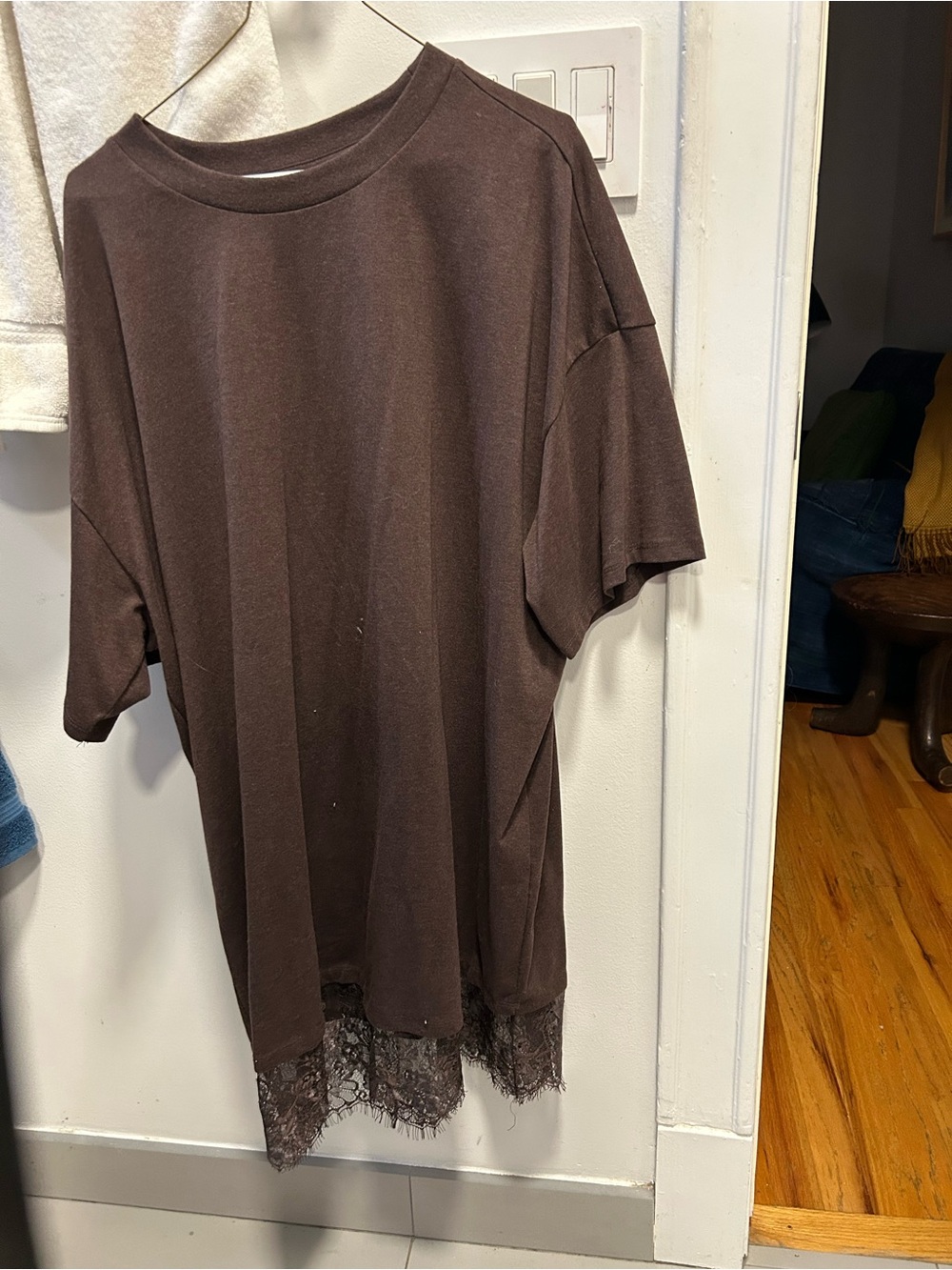 Brown Lace Hem Short Sleeve Tee shirt dress or long top